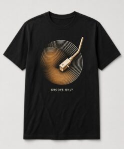 Groove Only Turntable unisex t-shirt in black with gold tonearm on glowing record grooves