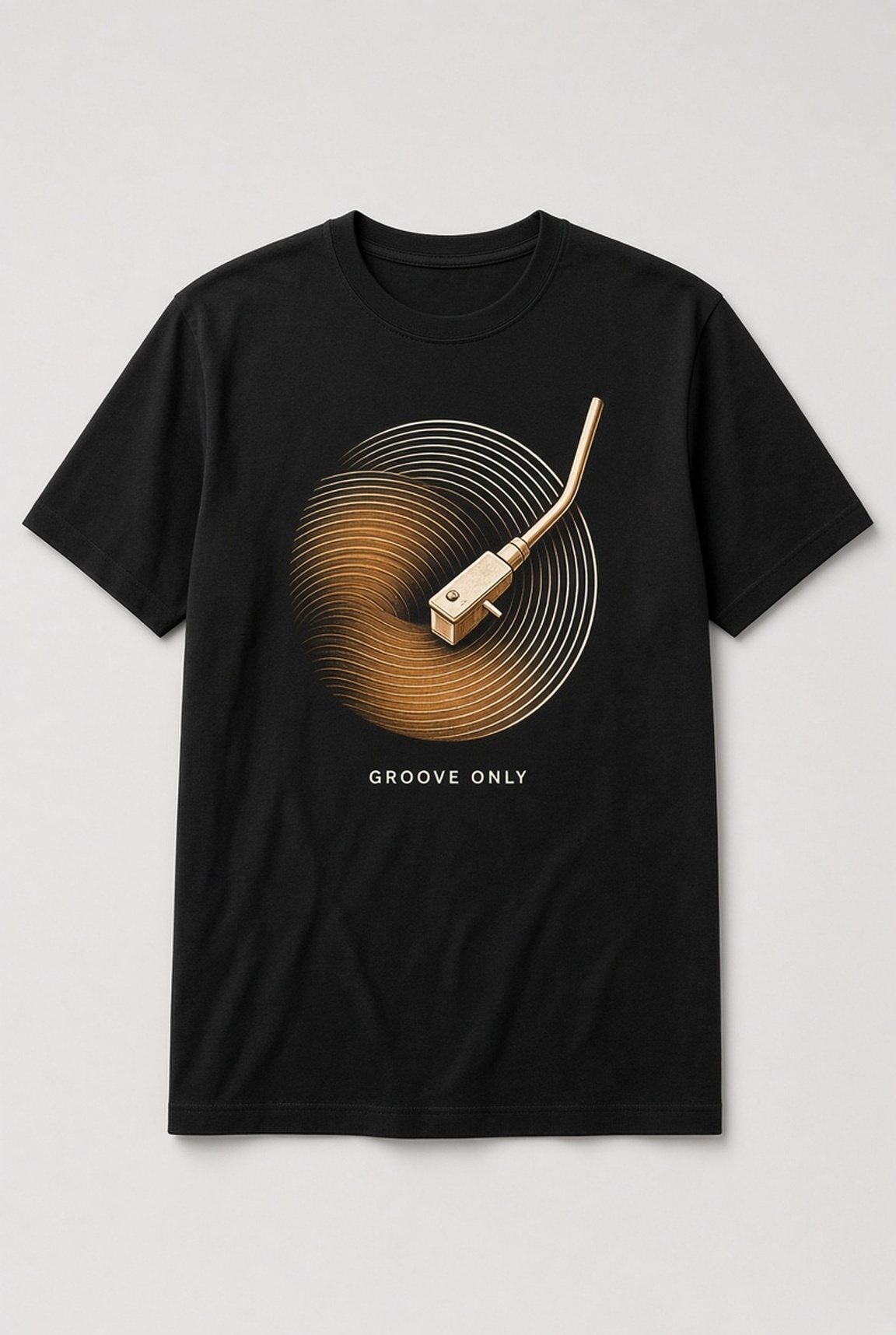 Groove Only Turntable unisex t-shirt in black with gold tonearm on glowing record grooves