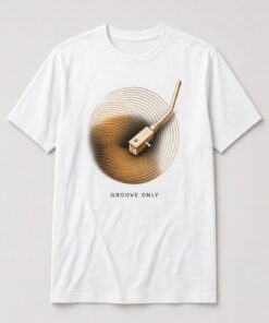 Groove Only Turntable unisex t-shirt in white with gold tonearm on glowing record grooves