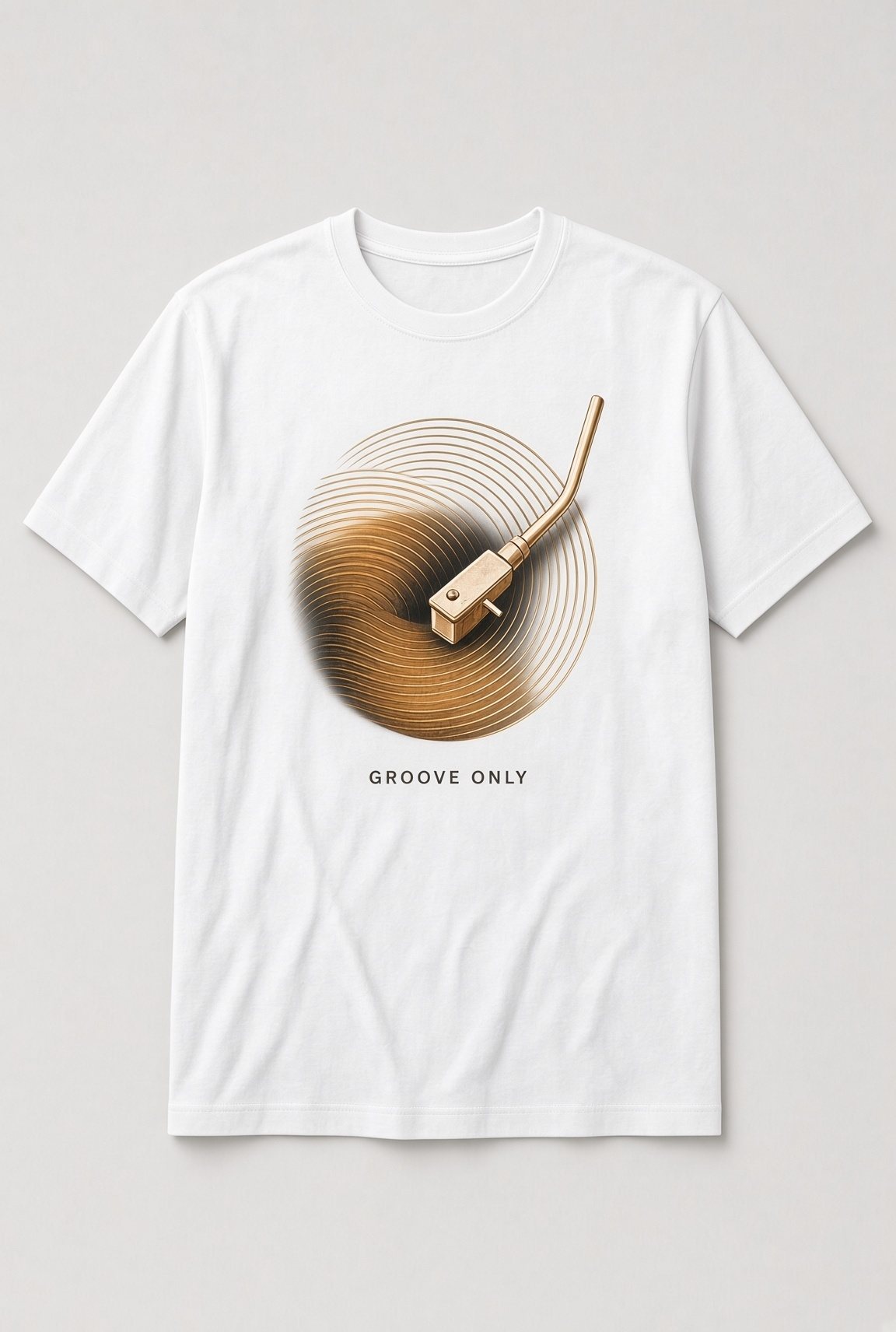 Groove Only Turntable unisex t-shirt in white with gold tonearm on glowing record grooves
