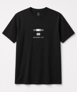 Ground Lift Audio Cable unisex t-shirt in black with minimalist audio cable plug and switch icon