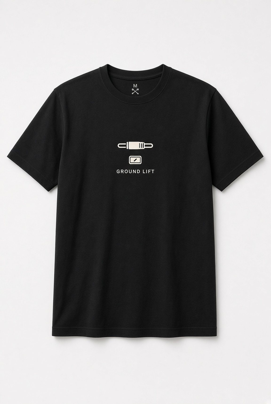 Ground Lift Audio Cable unisex t-shirt in black with minimalist audio cable plug and switch icon