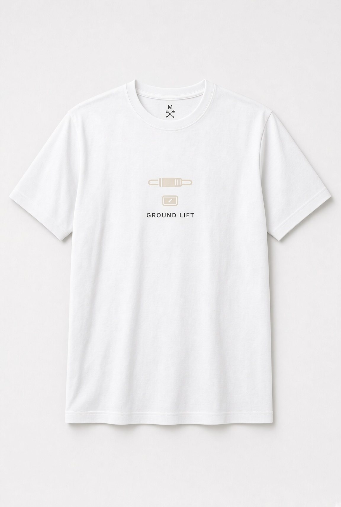 Ground Lift Audio Cable unisex t-shirt in white with minimalist audio cable plug and switch icon