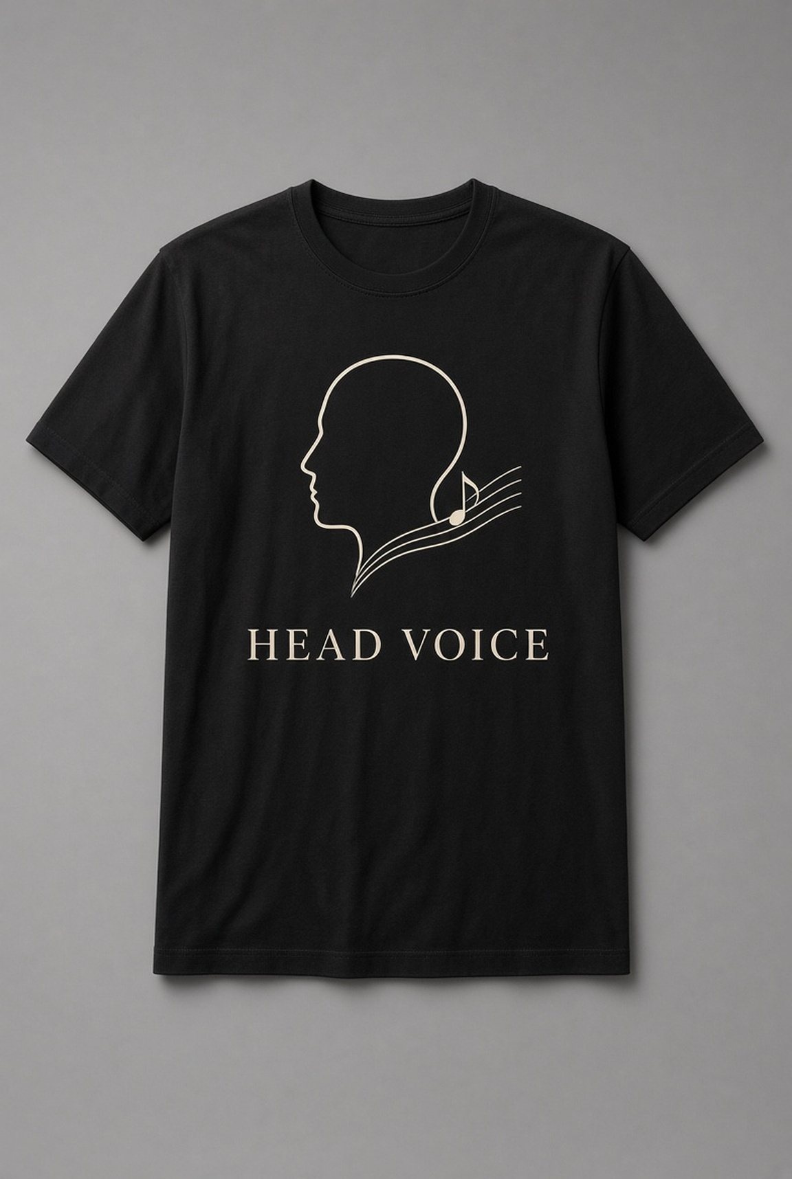 Head Voice Singer Line Art unisex t-shirt in black with line-art head profile with a flowing music staff