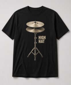 High Hat Drum Cymbal unisex t-shirt in black with brass hi-hat cymbals on a stand