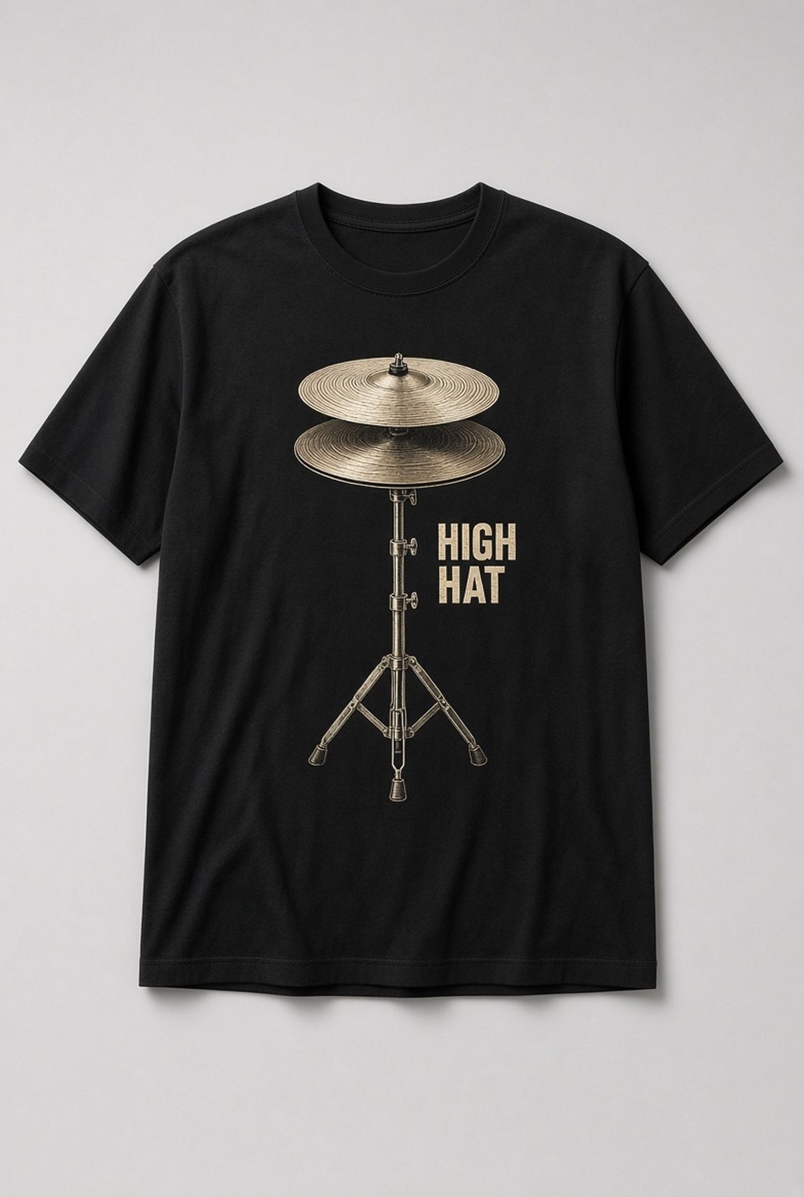 High Hat Drum Cymbal unisex t-shirt in black with brass hi-hat cymbals on a stand