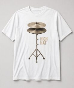 High Hat Drum Cymbal unisex t-shirt in white with brass hi-hat cymbals on a stand