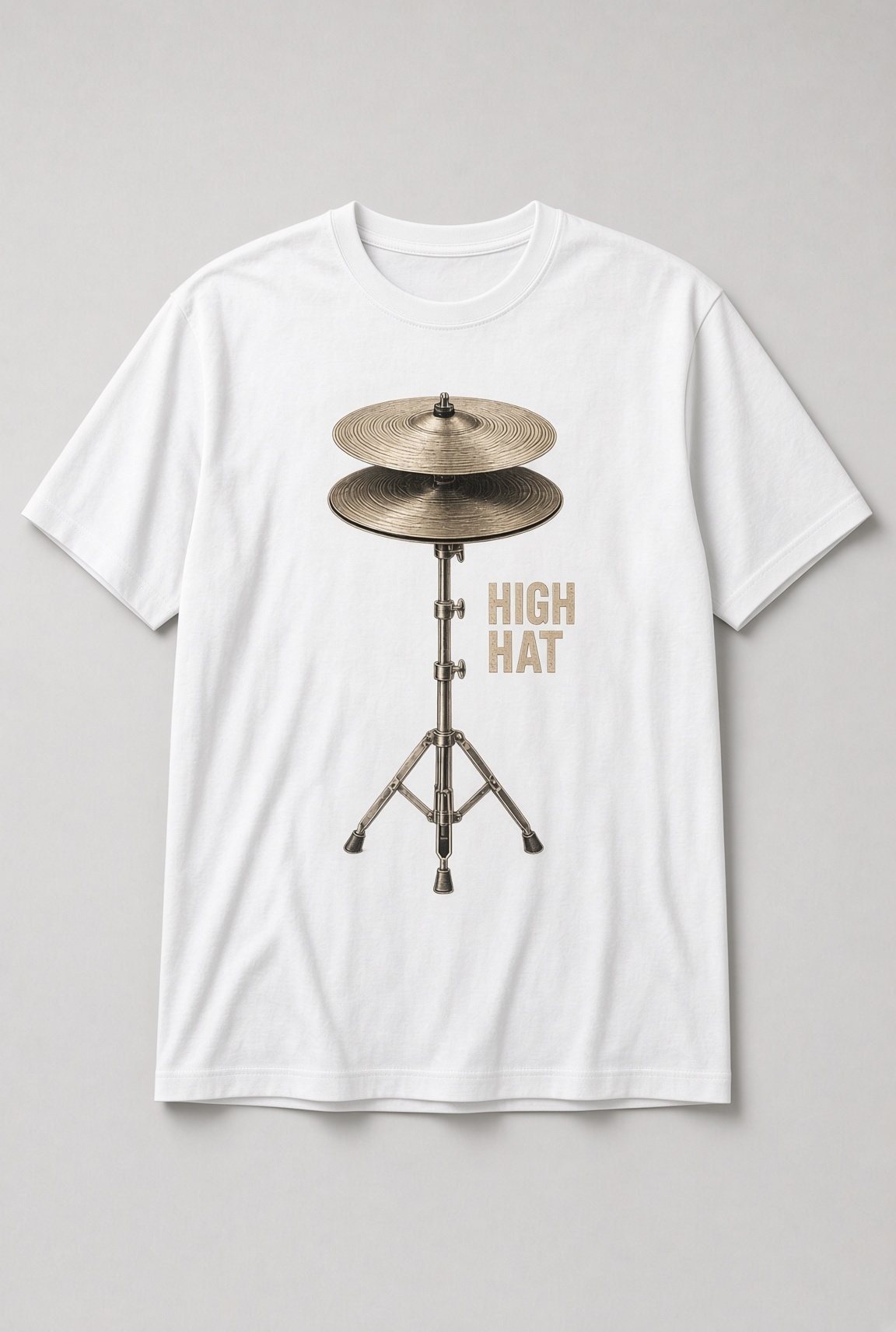 High Hat Drum Cymbal unisex t-shirt in white with brass hi-hat cymbals on a stand