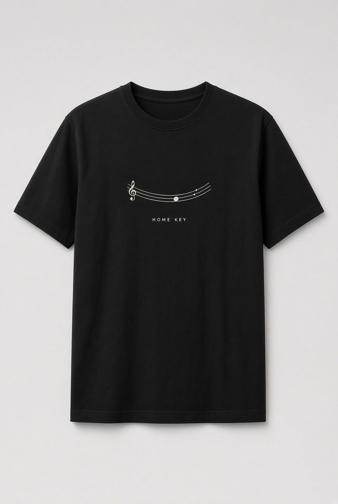 Home Key Minimalist Music unisex t-shirt in black with curved music staff with a treble clef and one note