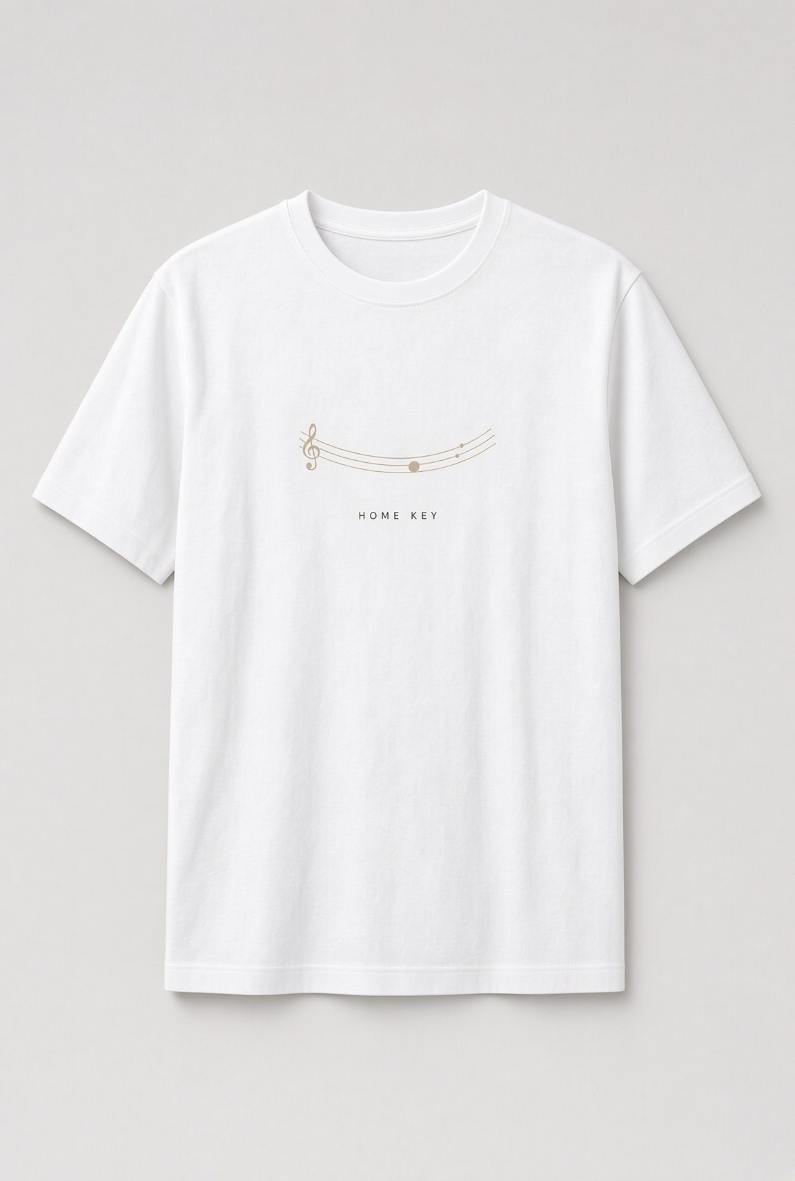 Home Key Minimalist Music unisex t-shirt in white with curved music staff with a treble clef and one note